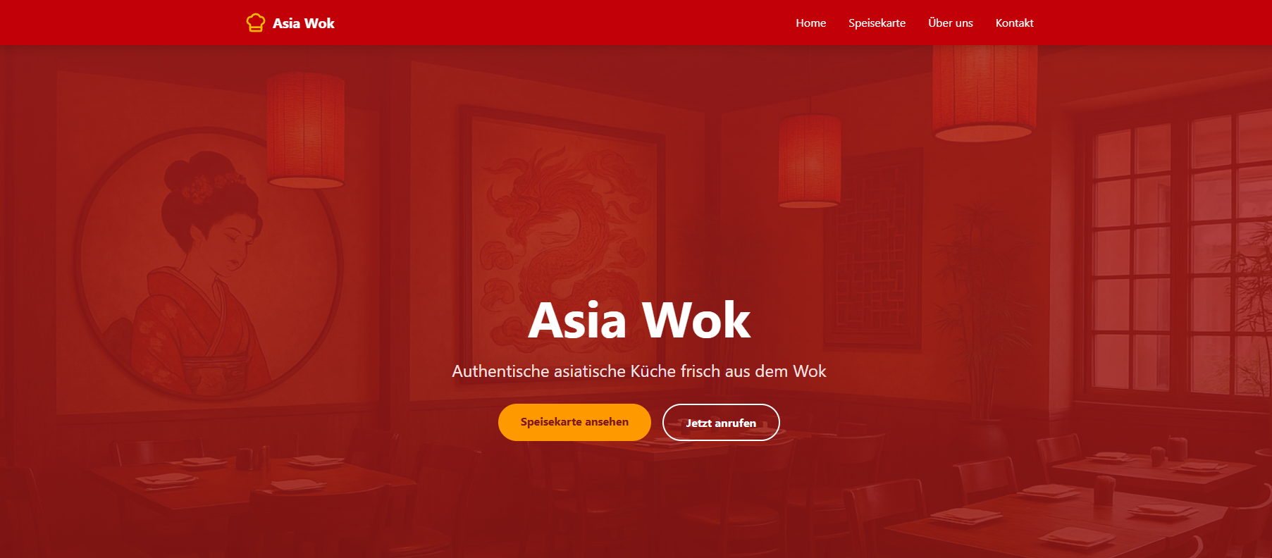 Bild der Demowebsite für ein Asia Restaurant, roter Hintergrund weiße Schrift "Asia Wok"